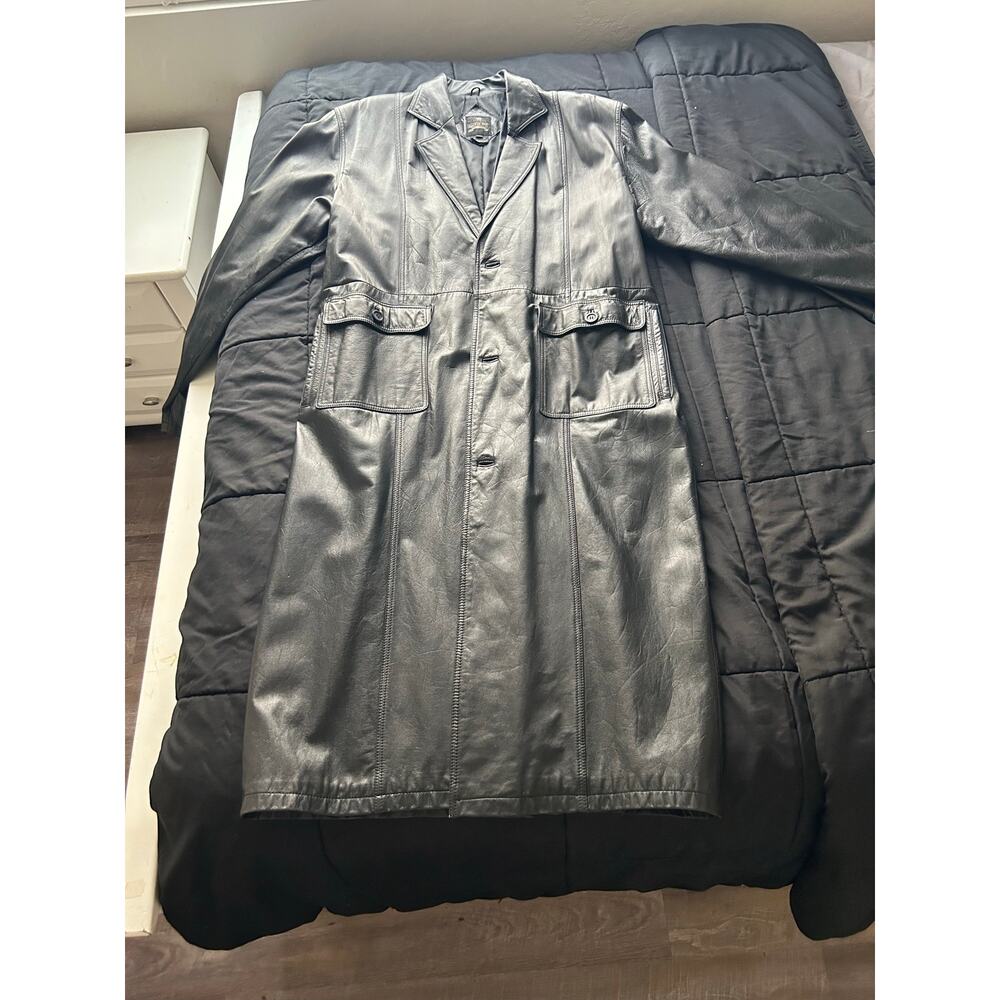 VTG Y2K Men’s XLT 100% Leather Full Length Trench Coat Jacket Black Pockets Tall - Picture 4 of 5